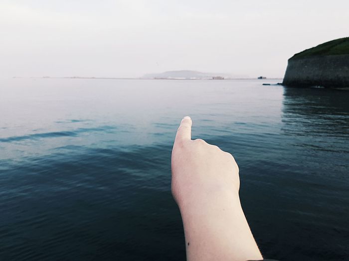 Rear view of person pointing finger towards sea