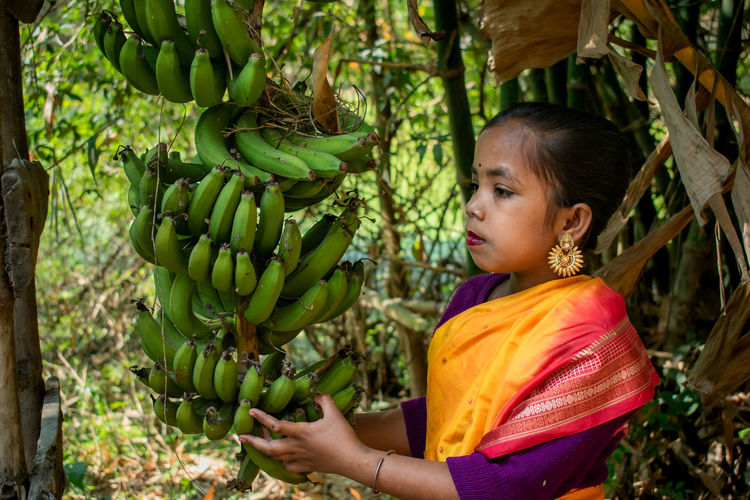 An indian tribal teenage girl is collecting bananas from a deep forest