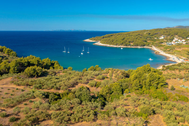 Aerial view of the bay with sailing boats on korcula island, adriatic sea, croatia