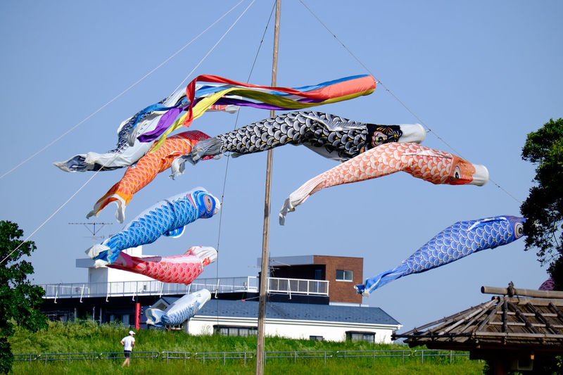Low angle view of koinobori against clear sky