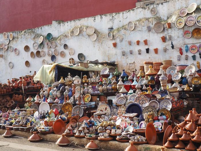 High angle view of pottery for sale