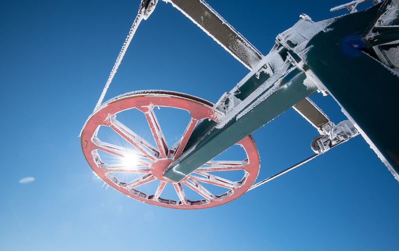 Low angle view of bicycle against blue sky