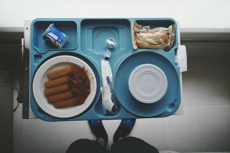 High angle view of breakfast on table