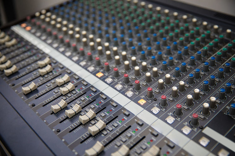 Closeup of professional audio digital mixing sound console
