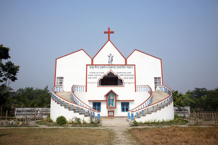 Low angle view of church against clear sky at kumrakhali
