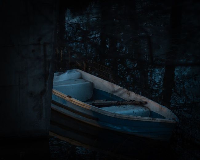 Abandoned boat moored in forest