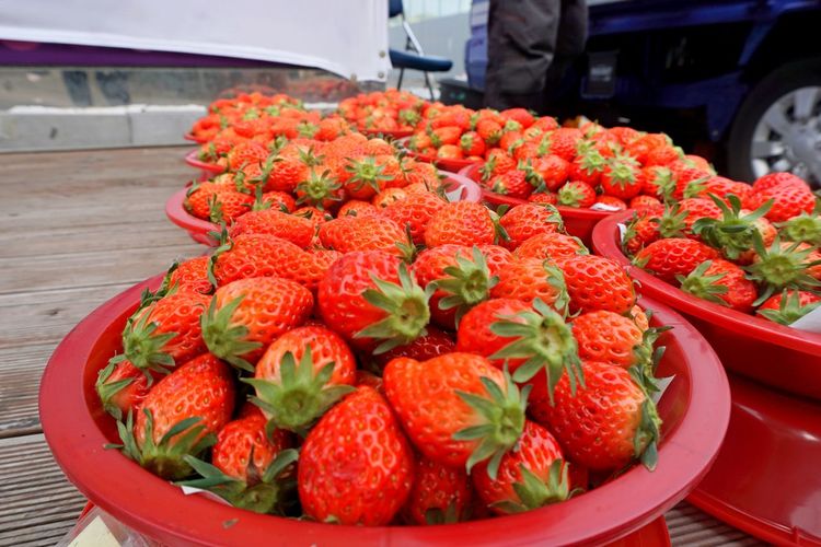 Close-up of strawberries in market stall