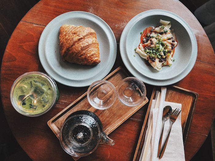 High angle view of breakfast served on table