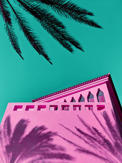 LOW ANGLE VIEW OF PALM TREES AND BUILDING AGAINST SKY