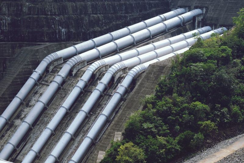 High angle view of pipelines at factory