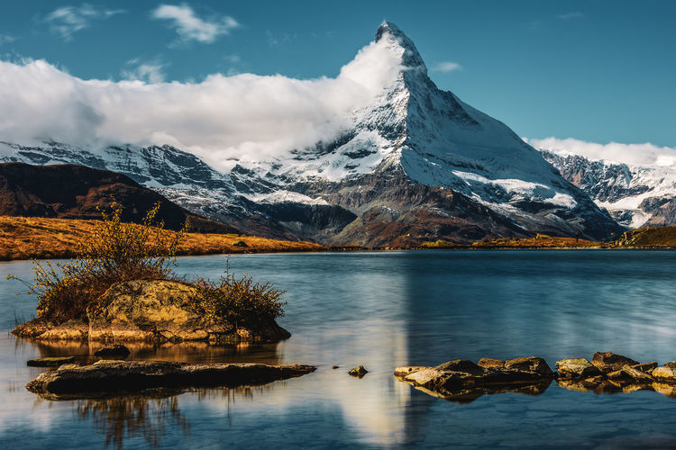 Matterhorn reflection in the lake stellisee, switzerland. landscape photography at the stellisee
