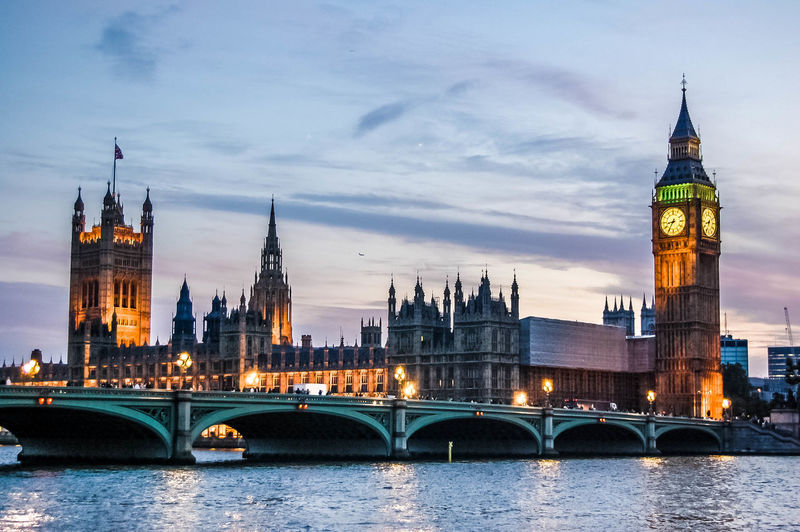 Illuminated big ben and houses of parliament by westminster bridge during sunset