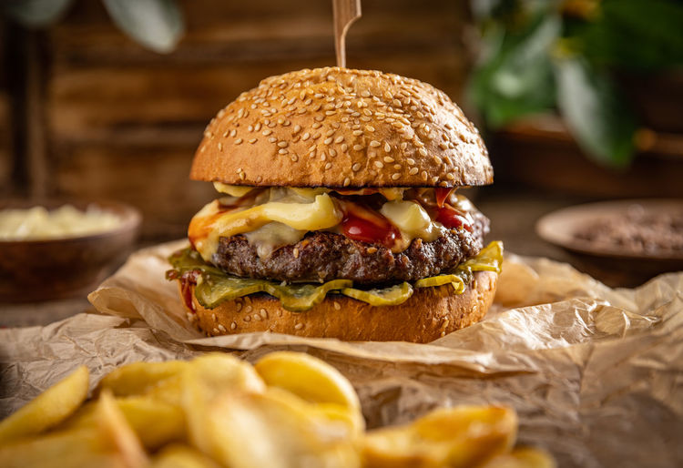 Close-up of burger on table