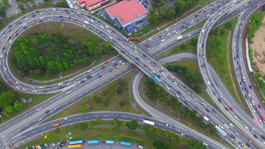 Aerial view of traffic on road in city