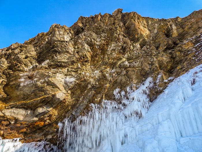 Rock formations in mountains against clear sky