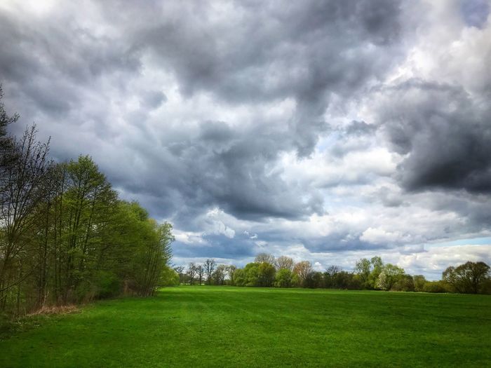 Scenic view of green landscape against cloudy sky