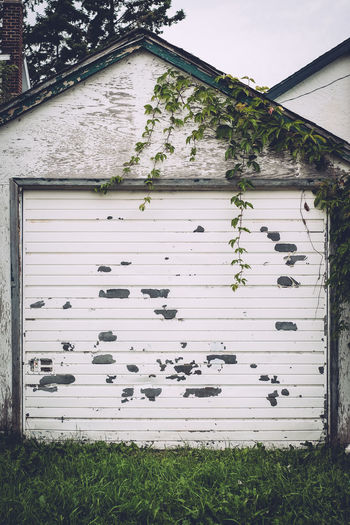 View of weathered garage door