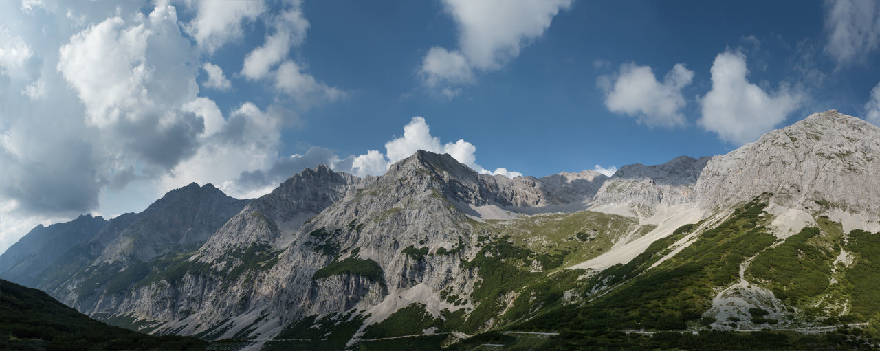 Panoramic view of snowcapped mountains against sky