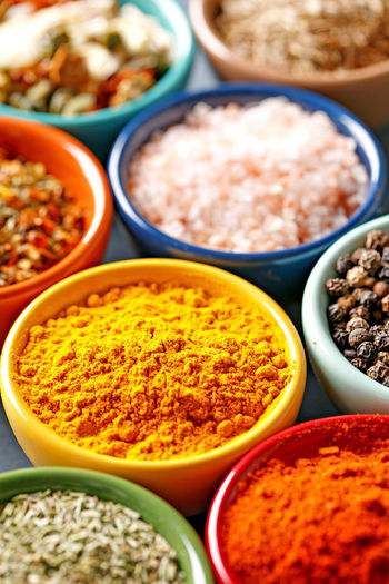 High angle close-up of spices in bowls