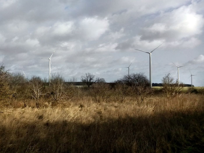 Windmills on field against cloudy sky