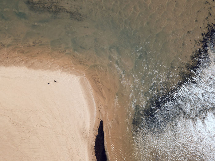 Top down drone view of beach and sea