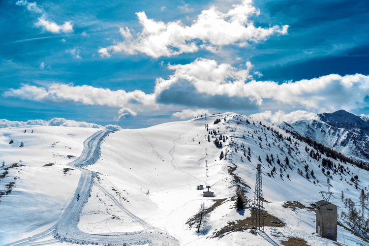 Scenic view of snowcapped mountains against sky