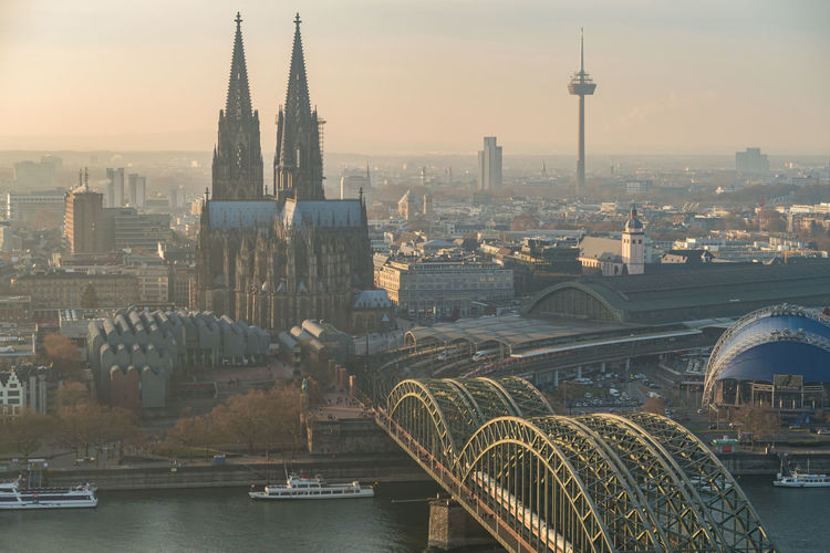 Aerial view on cologne city and hohenzollern bridge in cologne, germany