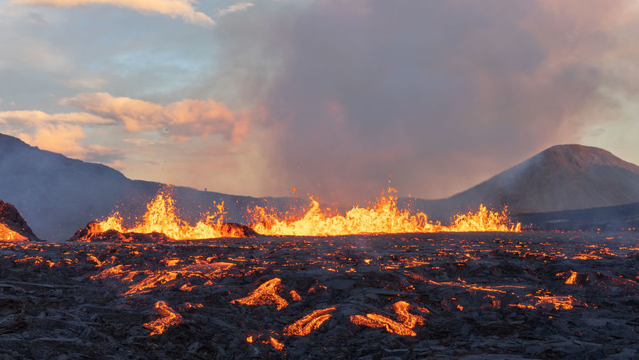 A volcanic eruption in the fagradalsfjall volcano, southwest iceland. august 2022.
