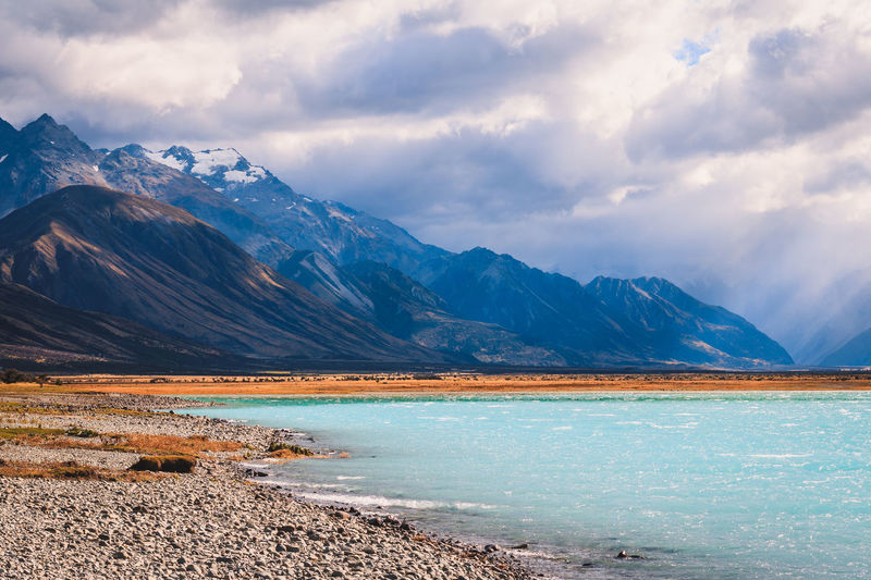 Scenic view of lake by mountains against sky