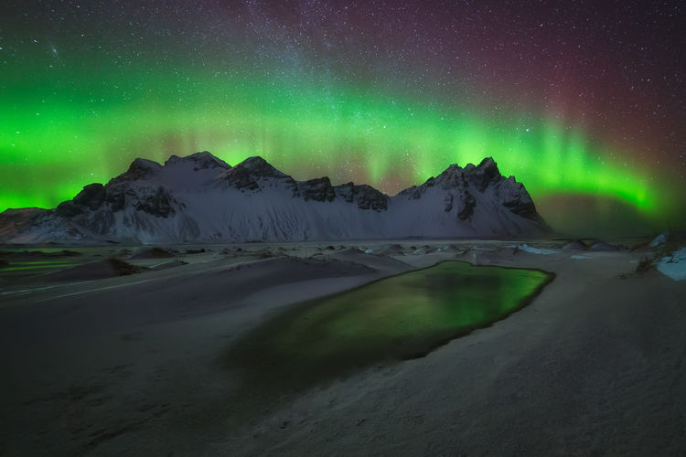 Scenic view of snowcapped mountains against sky with aurora polaris at night