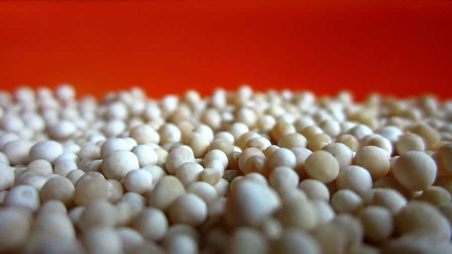 Close-up of tapioca pearls against red background