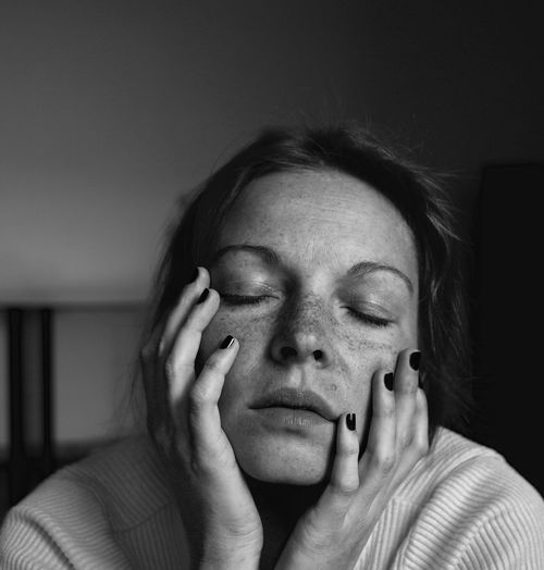Beautiful Woman Black And White Portrait Close Eyes Close-up Face Freckles Headshot Home Interior Human Face Human Hand Indoors Lifestyles One Person Portrait Real People Sensuality Photo Woman Portrait Young Women This Is My Skin International Women's Day 2019