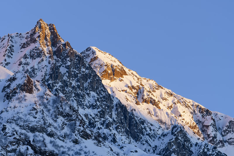 Scenic view of snowcapped mountains against clear sky
