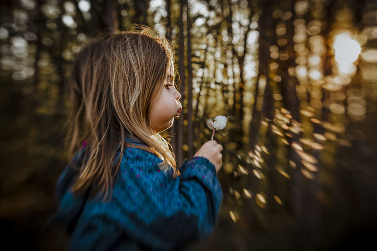 Girl blowing a dandelion at golden hour on a spring evening