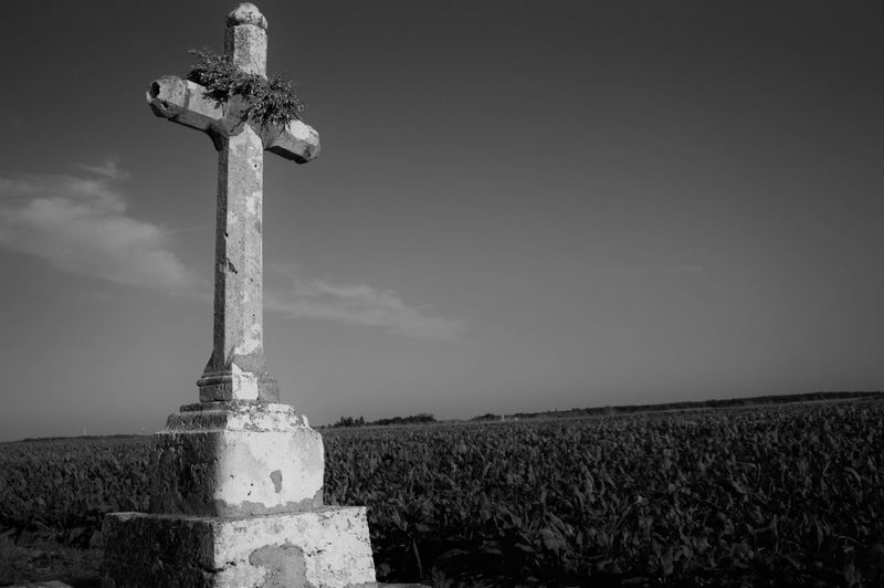 Old cross by agricultural field against sky