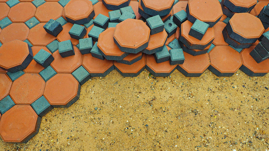High angle view of roof tiles on floor