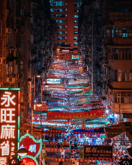High angle view of illuminated street at night