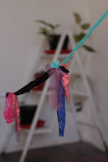Close-up of multi colored hanging on clothesline