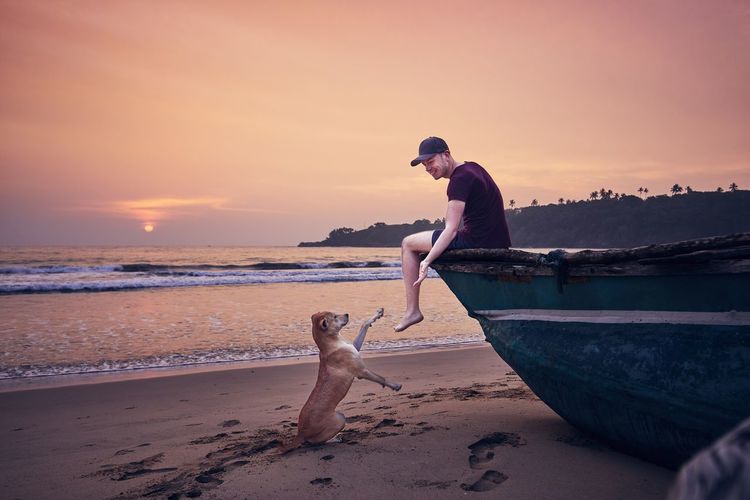 Side view of smiling man playing with dog while sitting at beach against sky during sunset