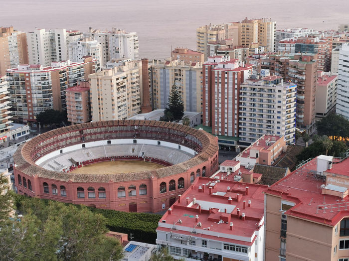Aerial view of the bullfighting arena in malaga.