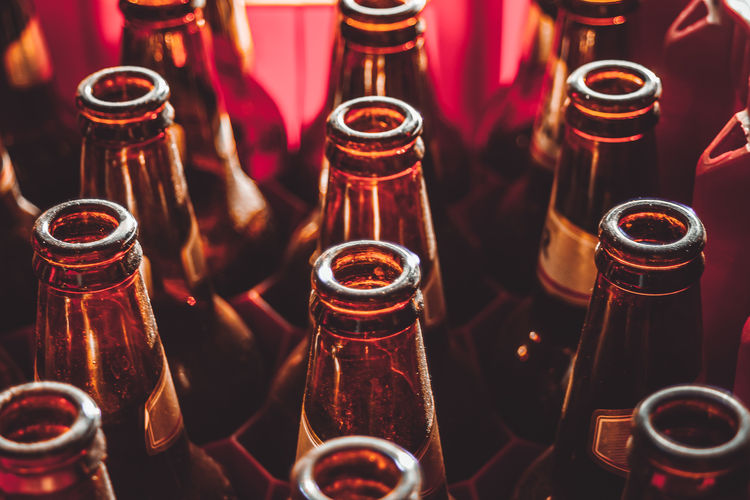 High angle view of wine bottles