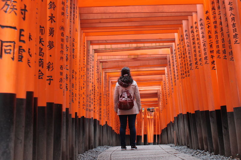Rear view of woman standing amidst torii gates at fushimi inari shrine