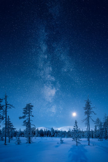 Scenic view snow covered landscape against starry sky