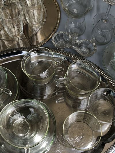 High angle view of glass jar on table