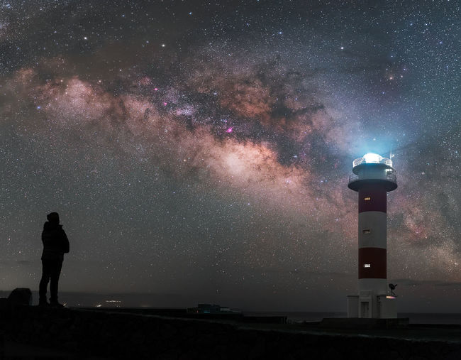 Silhouette people against star field against sky at night