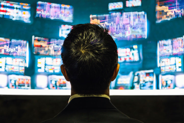 Back view of businessman trader looking at monitor with stock exchange graph