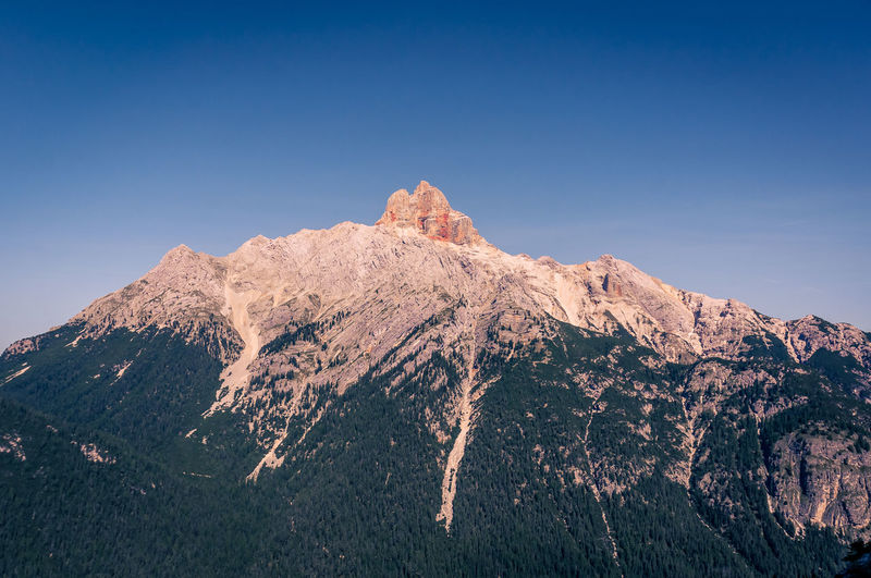 Scenic view of snowcapped mountains against clear blue sky