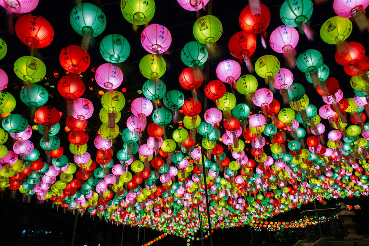 Low angle view of colorful hanging lights