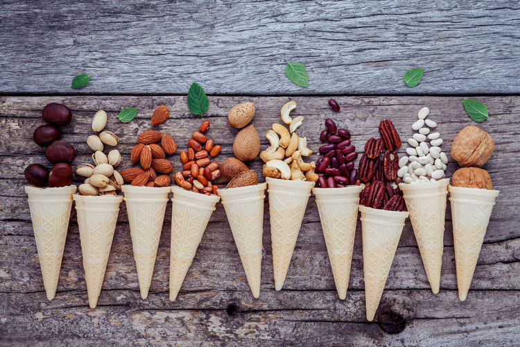 Directly above shot of nuts in ice cream cones