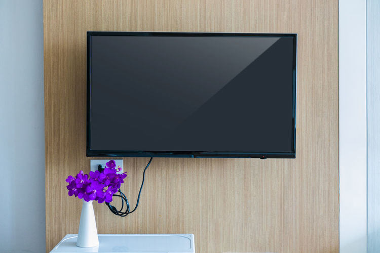 Television mounted on wooden wall at home